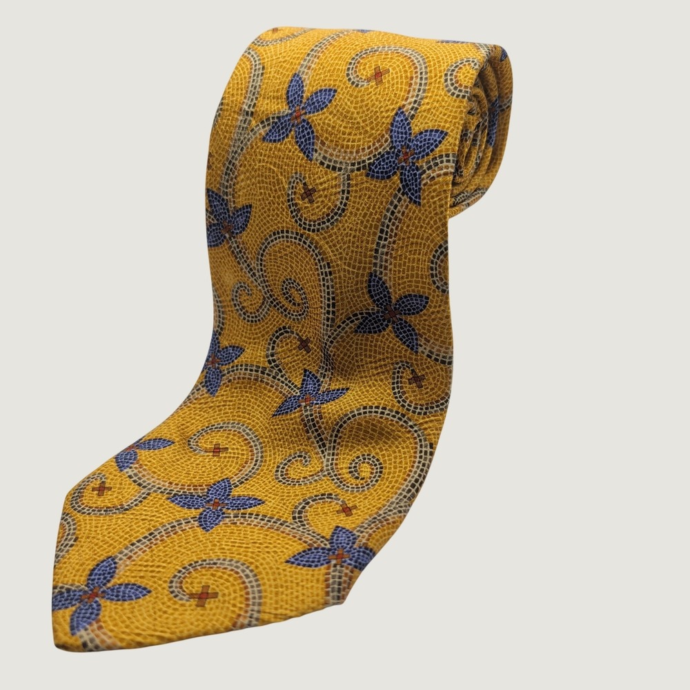 Robert Talbott Mens Tie Mosaic Floral 3.75" Gold Silk Woven Jacquard USA